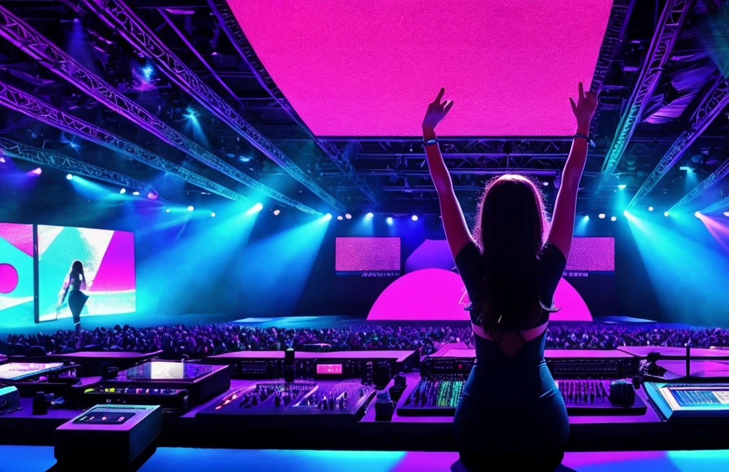 There is a woman in a sexy costume in front of the DJ mixing desk,  model with hands raised, In front of the crowd at the show,,Absolutely remarkable image, author：Nico Henrikan, wonderful techno , execution, edm trance dance festival, foto do show, Hands in the air, very epic atmosphere, Real-time 3-hour vacation video clips, triumphant pose, in back, in front of a large crowd，