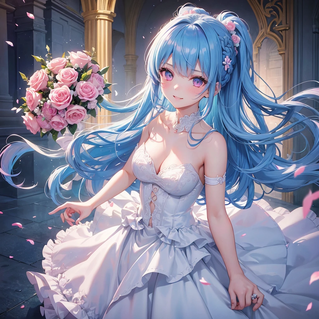 Sky blue hair, (Braided Ponytail),(Pink Eyes),Fair skin ,(whole body),(One girl),bride,A big smile,Straight bangs, 6月のbride,Wedding dress,(masterpiece, Highest quality, Very detailed, Best Shadow), (Detailed Background), (Beautifully detailed face), High Contrast, (Best lighting, Very delicate and beautiful), ((Cinematic Light)), colorful, Hyper Detail, Dramatic Light, Intricate details,Chapel background,Bouquet of roses,Ring on left ring finger,