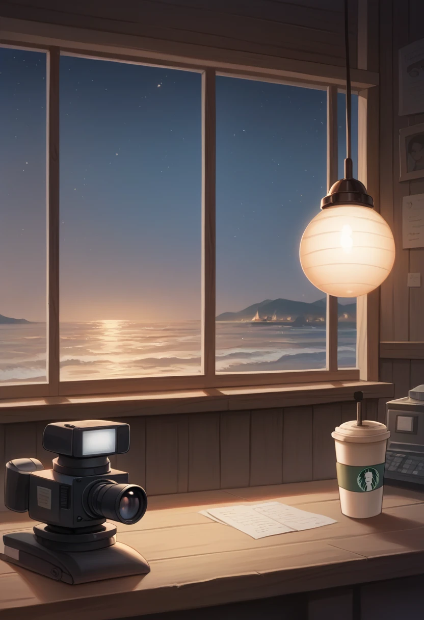 An atmospheric, seaside coffee shop at night with multiple wooden tables illuminated by warm, soft lighting. The focal point is a large, captivating window in the center of the room showcasing a moonlit ocean view. Adjacent to the window, a crackling fireplace adds a cozy ambiance, casting a gentle glow throughout the space