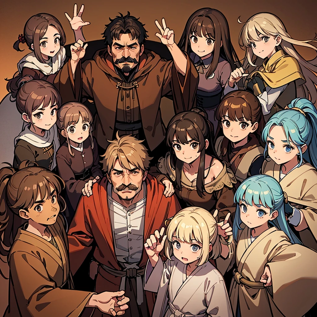 Highest quality, Best Quality,Best illustrationiddle ages、(((Simple brown robe)))、(40-year-old uncle、mature、Kaiser moustache)、(LOL)、fight、(From above at an angle)、battle、10 people、Various poses