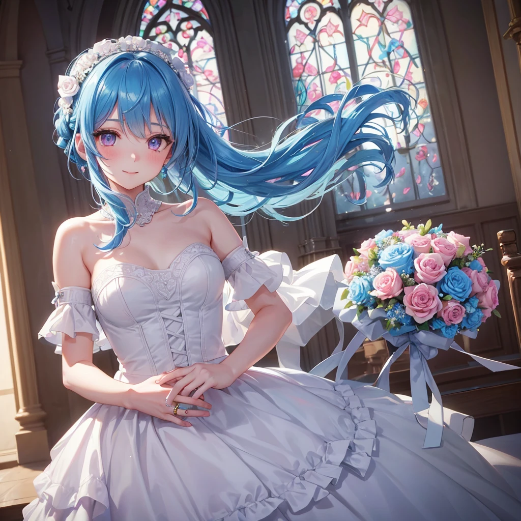Sky blue hair, (Braided Ponytail),(Pink Eyes),Fair skin ,(whole body),(One girl),bride,A big smile,Straight bangs, 6月のbride,Wedding dress,(masterpiece, Highest quality, Very detailed, Best Shadow), (Detailed Background), (Beautifully detailed face), High Contrast, (Best lighting, Very delicate and beautiful), ((Cinematic Light)), colorful, Hyper Detail, Dramatic Light, Intricate details,Chapel background,Bouquet of roses,Ring on left ring finger,