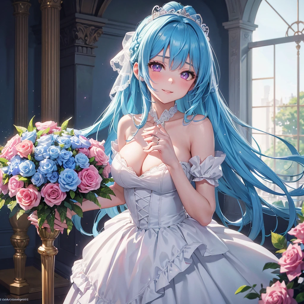 Sky blue hair, (Braided Ponytail),(Pink Eyes),Fair skin ,(whole body),(One girl),bride,A big smile,Straight bangs, 6月のbride,Wedding dress,(masterpiece, Highest quality, Very detailed, Best Shadow), (Detailed Background), (Beautifully detailed face), High Contrast, (Best lighting, Very delicate and beautiful), ((Cinematic Light)), colorful, Hyper Detail, Dramatic Light, Intricate details,Chapel background,Bouquet of roses,Ring on left ring finger,