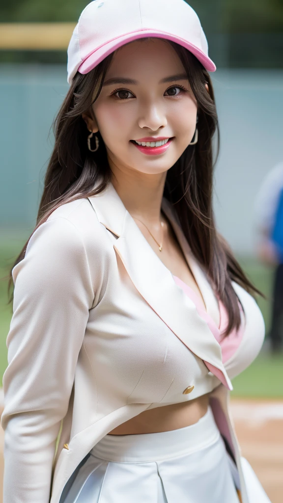 1 girl, national foundation, ((32k, raw, masterpiece: 1.5)), (Professional photography, sharp:1.2), Perfect dynamic composition, (Natural sun light), (soft shadow), (((skinny figure))), ((huge round breasts:1.1)), (((((black long hair))))), Ultra-detailed faces and skin, perfect asian, White skin, (Delicate skin:1.4), (latex skin:0.4), (perfect glowing skin:0.6), light brown eyes, beautiful eyes, round eyes, pretty face, blush, glossy lips, (((plump lips))), glossy eyes, Perfectly proportioned face, Really moist skin, ((excited expression)), (((huge smile at the camera))), looking at camera, Elegant necklace, Elegant earrings, minimalist, (((white shirt, blue blazer))), (((black skirt))), (((white and pink baseball hat)))