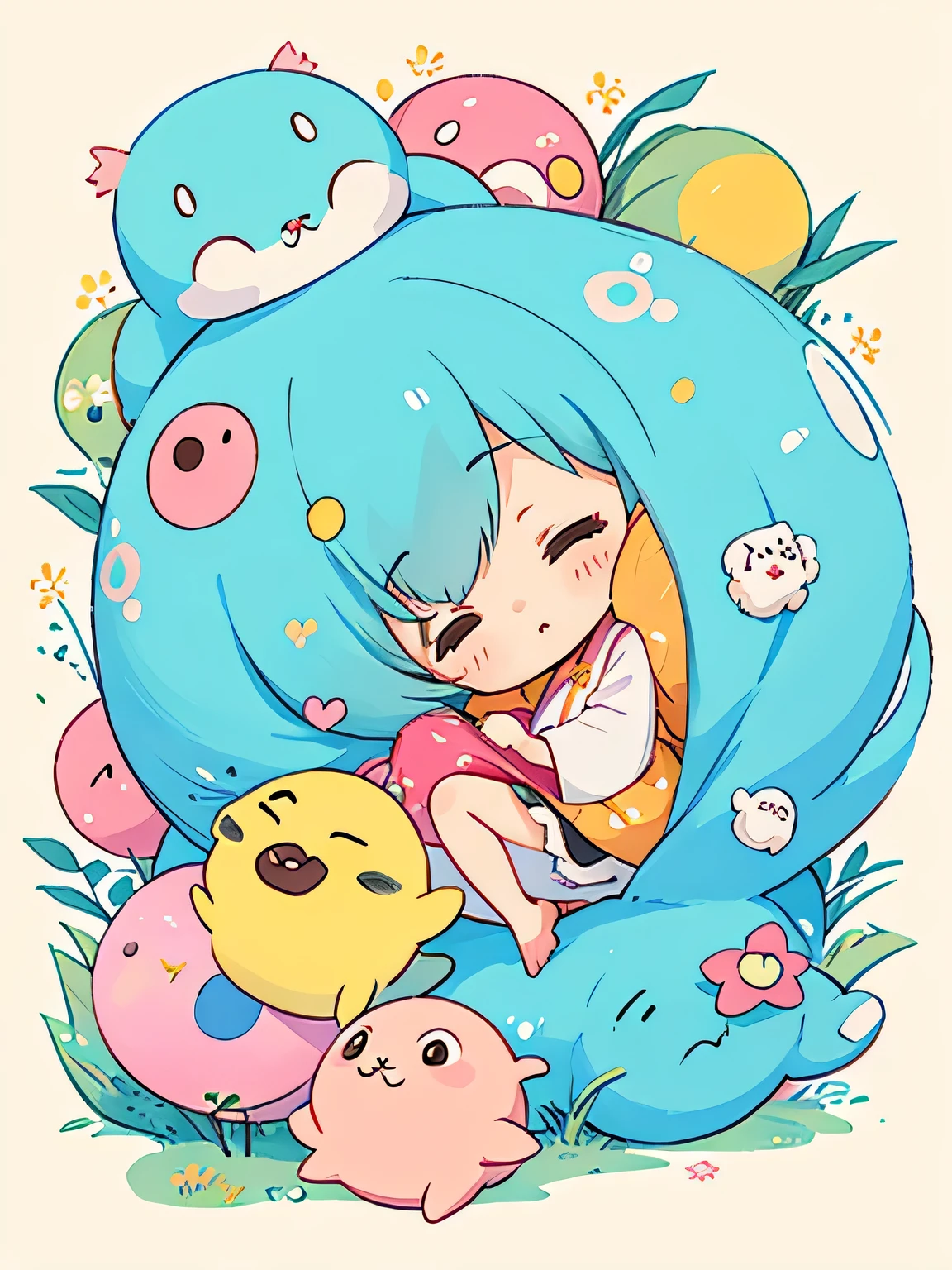 Hayao Miyazaki style、Kawaii Design, The most beautiful girl of all time、chibi,, Cute and colorful amoeba, nap, トトロの森