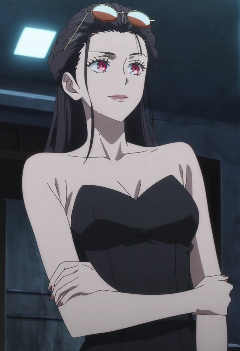 1girl, female gojo satoru, anime screencap from jujutsu kaisen, gojo satoru female version, solo, long_hair, ((beautiful red eyes, beautiful eyelashes)) ((black_hair)), night view, breasts, upper_body, smile, indoors, book, bangs, blue_eyes, lips, (wearing round sunglasses on head) , ((Hair Slicked back)) wearing black color party dress, bare shoulder, breast, "very detailed and high resolution" (red eyes) ((cross arms))  ((long hair)) ((solo))