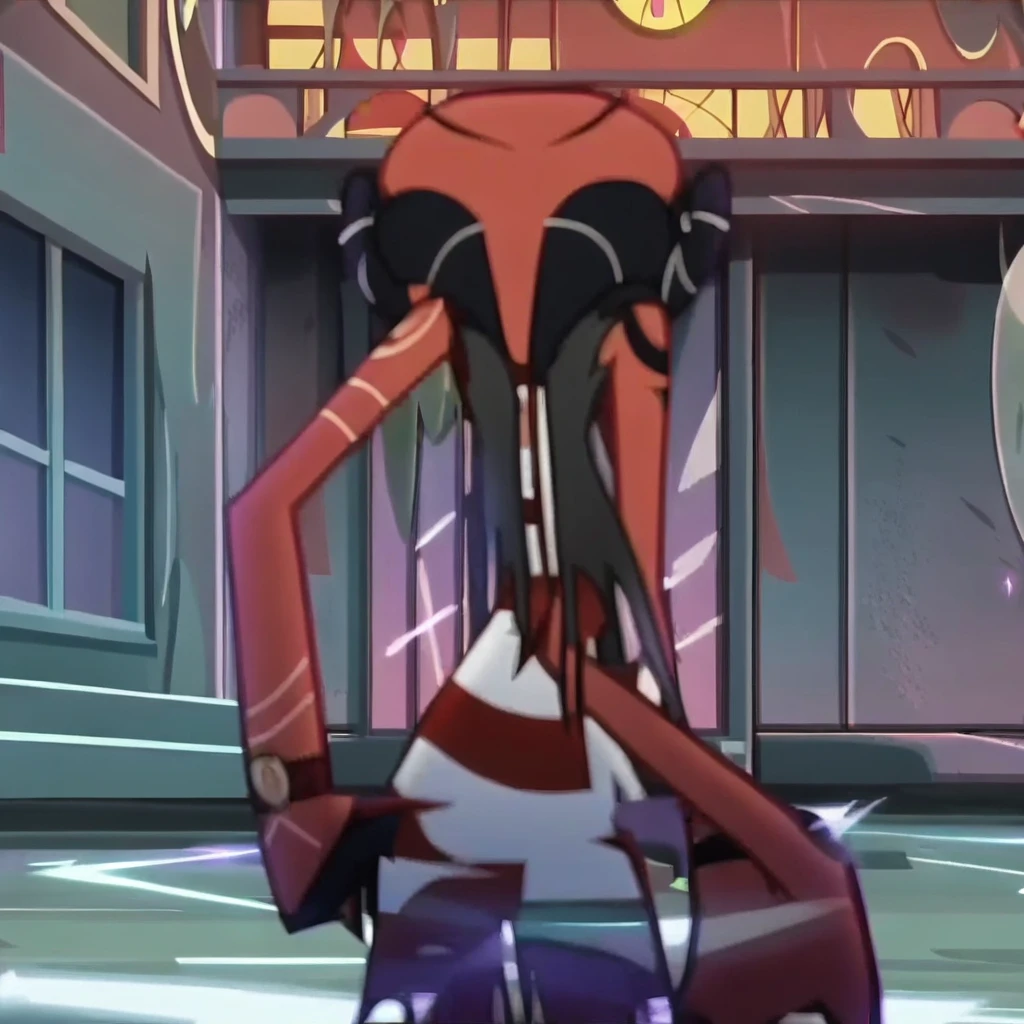 barbie wire, 1girl, demon girl, red skin, forehead tattoo, arm tattoos, horns, striped dress, leather jacket, (screencap:1.5), front facing view, closed mouth,