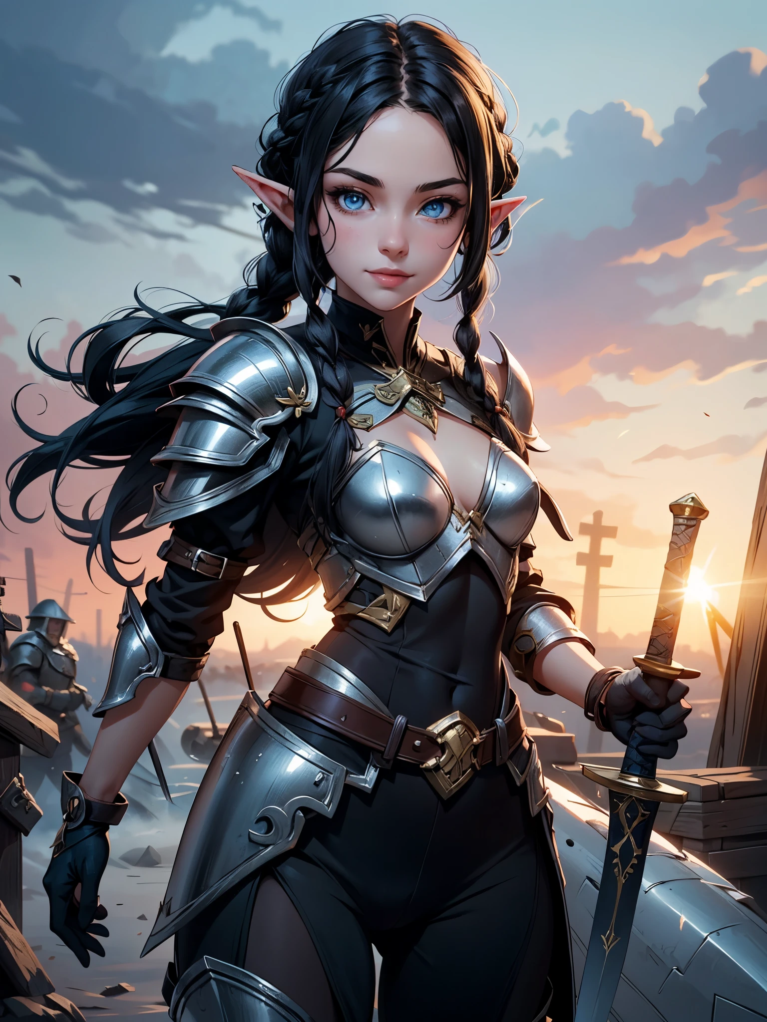 Artwork, best quality, 1 female elf, 1 girl, long black hair in braids, blue eyes, small bust, looking at viewer, weapons depot, Alone, Beautiful 18 year old elf wearing light battle armor, testing new sword with a euphoric smile, weapons depot scenario. sultry look, seductive,