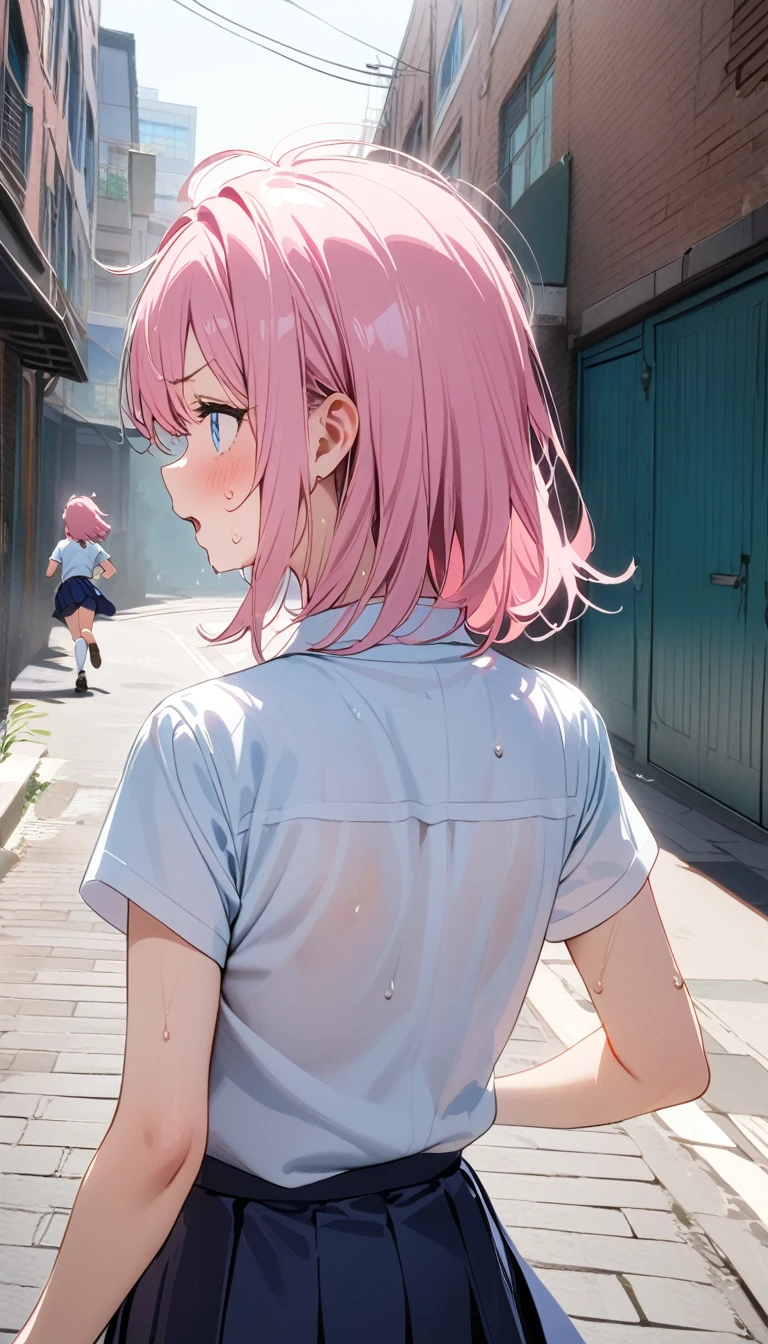 (Best Picture Quality, 8K, Masterpiece:1.3),(high school student:1.5), (pink medium hair), (Bedhead:1.5), (slant skyblue eyes), ((school uniform, short simple sleeve shirt, darkblue skirt, pink tie)), (super clear:1.5), (morning city ​​alley Setting),(running:1.3),(panicking),(sweat:1.3),((looking back:1.3)),(back shot:1.3),(upper body).