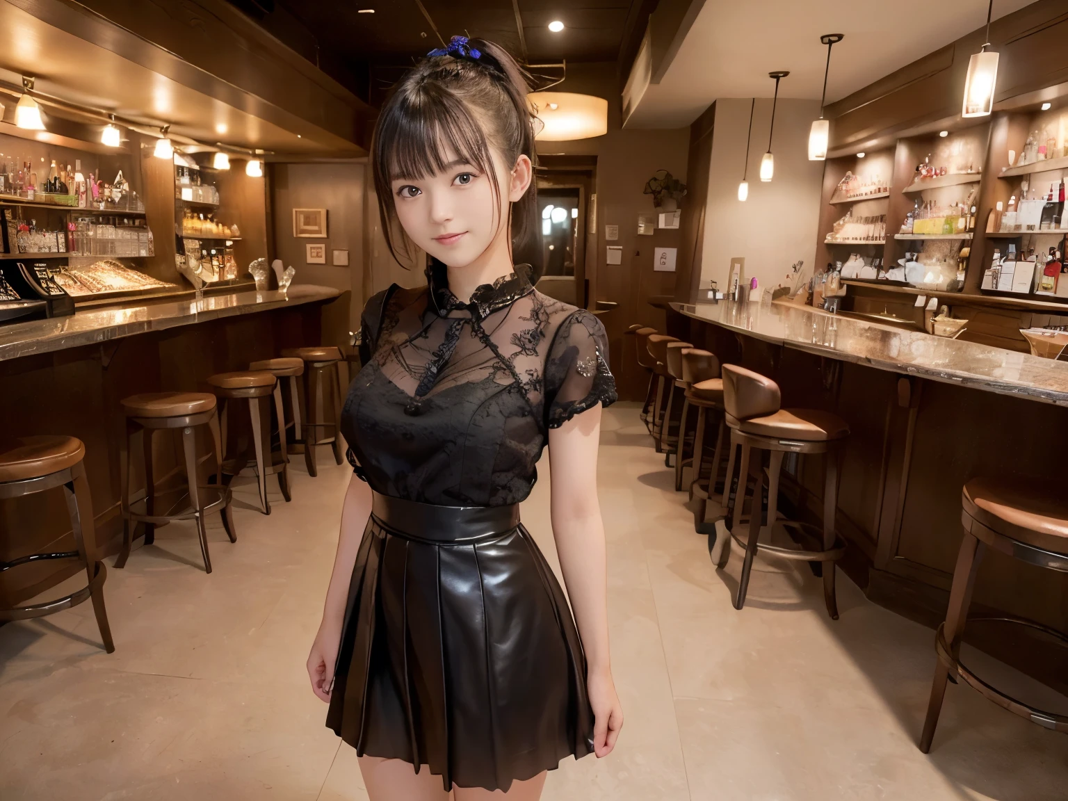 (Highest quality, masterpiece, Ultra-high resolution, 8K, RAW Photos, Realistic, Anatomically correct:1.5), 20-year-old girl:1.2, Embarrassing, avert your eyes, blush:1.0, View Viewer, ((Bar Lounge)) 、Night view、 Light:1.2, Bokeh, Cinema Lighting:1.0, Depth of written boundary, sharp、 Cute face、Idol、Black short sleeve lace top、Black pleated skirt、Black clothing、”dwarf”、(Floral clothes)、(Full Body Shot)、Side angle、Cowboy Shot、 smile、(Ultra short hair、Short ponytail)、(Straight bangs)、((See-through))、(( One Girl))、Large Breasts、