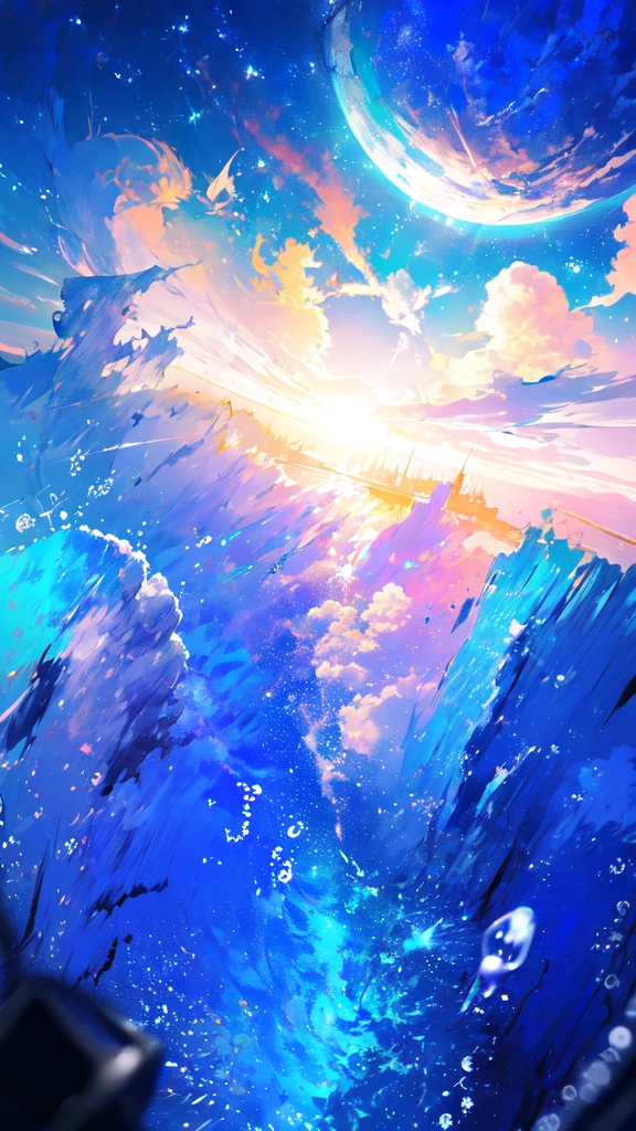 -scenery, 1girl, sky, Star (sky), Highest Resolution、Sunlight from above, night, solo,Fine starry sky、 city lights, Starry sky, Fine bubbles、night sky, bubble, moon, watercraft, outdoors, short hair, ocean, Big cloud,coloured glaze,