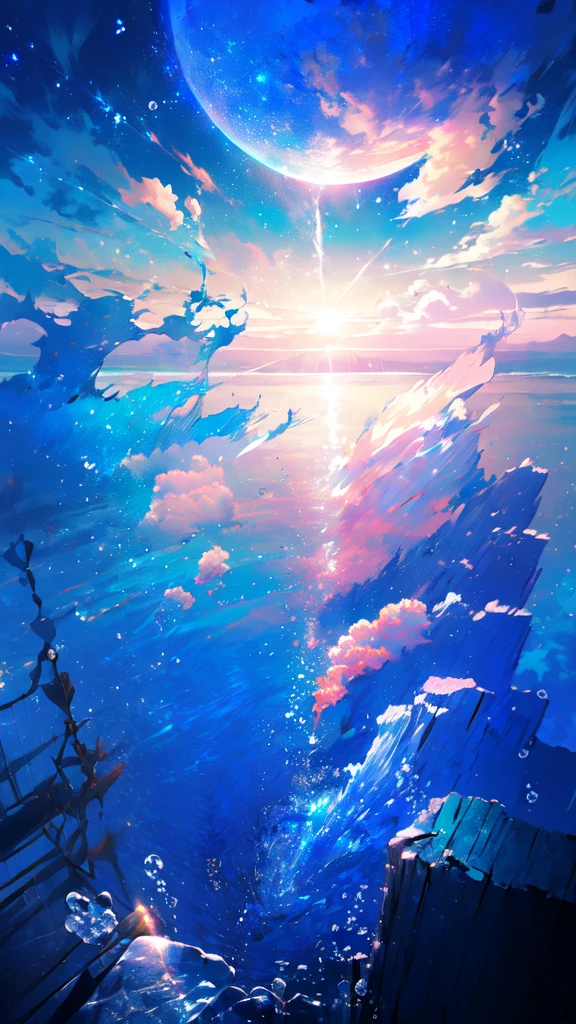 -scenery, 1girl, sky, Star (sky), Highest Resolution、Sunlight from above, night, solo,Fine starry sky、 city lights, Starry sky, Fine bubbles、night sky, bubble, moon, watercraft, outdoors, short hair, ocean, Big cloud,coloured glaze,