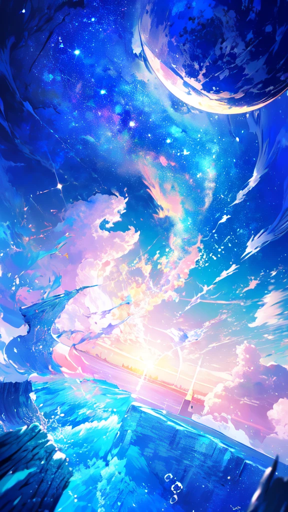 -scenery, 1girl, sky, Star (sky), Highest Resolution、Sunlight from above, night, solo,Fine starry sky、 city lights, Starry sky, Fine bubbles、night sky, bubble, moon, watercraft, outdoors, short hair, ocean, Big cloud,coloured glaze,