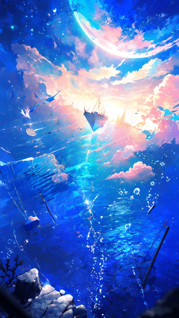 -scenery, 1girl, sky, Star (sky), Highest Resolution、Sunlight from above, night, solo,Fine starry sky、 city lights, Starry sky, Fine bubbles、night sky, bubble, moon, watercraft, outdoors, short hair, ocean, Big cloud,coloured glaze,