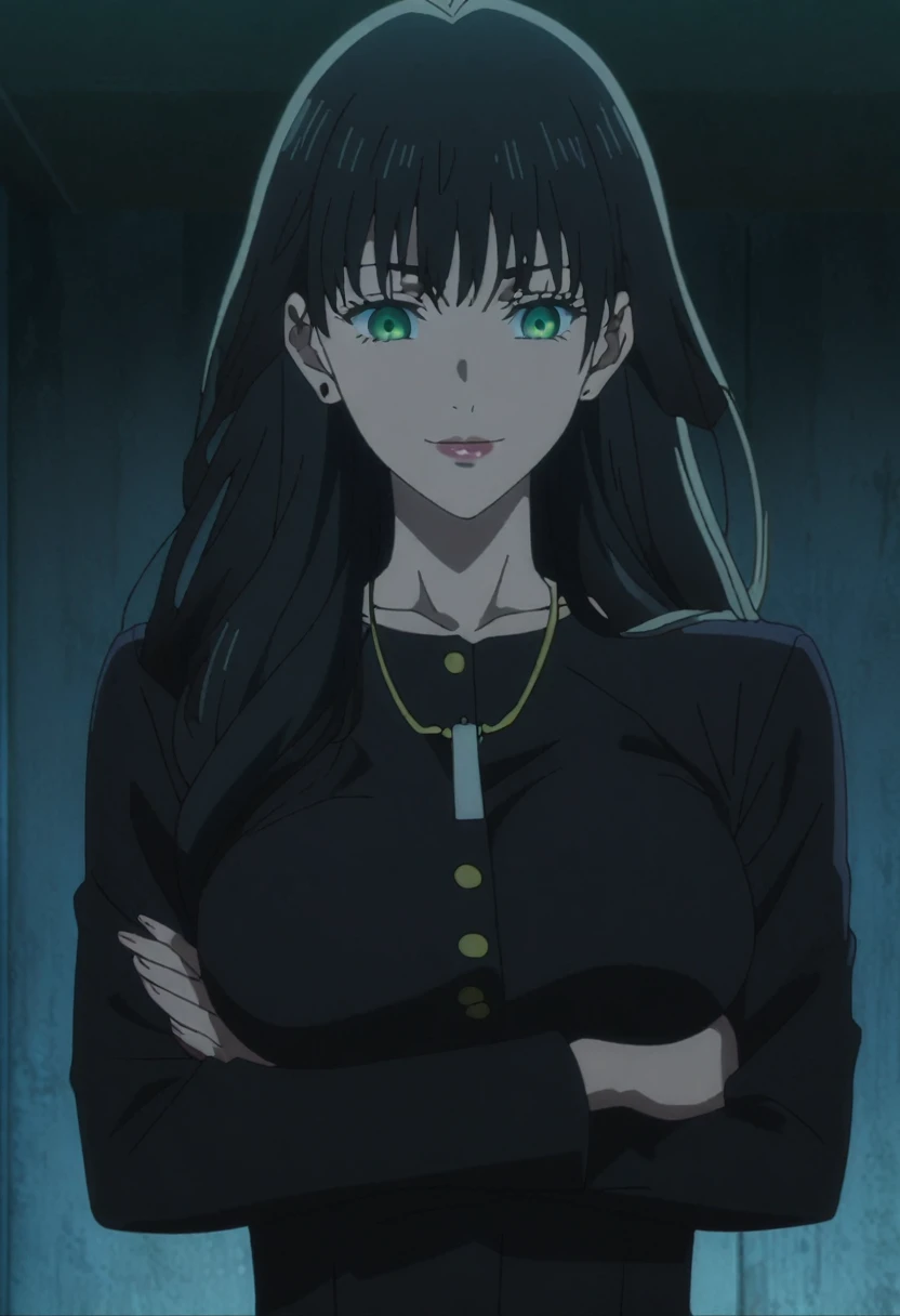 1girl, female gojo satoru, anime screencap from jujutsu kaisen, gojo satoru female version, solo, long_hair, Green eyes ((Black_hair)), night view, (hanging breasts) upper_body, smile, indoors, book, green_eyes, lips, ([[Straight Hair]]) ((wearing black colour uniform with button)) breast, "very detailed and high resolution" (Green eyes) (cross arms)  ((long hair)) ((solo)) (front view)(necklace) (earings) ((high resolution)) ((good quality)) ((layered hair))