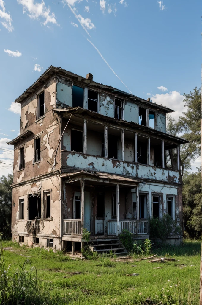 Image of an old and deteriorated house, with broken windows and weeds growing everywhere]
