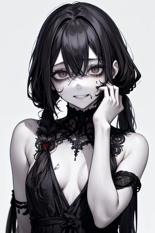 (masterpiece:1.2, Highest quality), (Actual Photos, Intricate details), (1 female, alone, Upper Body, Small breasts) ,Eyes Wide Open、Scary atmosphere、Distorted facial expressions、Twisted Smile、Blood from the head、Blood splatter、whole body、Punk Fashion、Long Hair、Long bangs、Twin tails、Black Hair、(((Dark circles under the eyes)))、Pale skin、Feeling unwell、Pathological、Wicked Smile、Crazy Eyes、(Grin)Dramatic makeup,Create mixed media art、White Background
