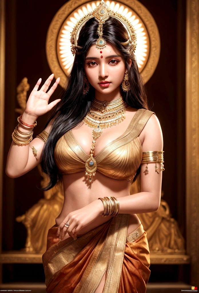 Hailee Steinfeld as a gorgeous Indian Empress wearing ((Kasavu Saree)); deep cleavage; ((ultra glossy lips)); ((Traditional Indian Makeup)); ultrarealistic skin, ultrarealistic face; ultrarealistic body; ((ultrarealistic gold ornaments)); (Perky Round tits)); ((Perky Round breasts)); high resolution; detailed skin; ultra detailed eyes; ultra detailed face; ultra detailed lips; 4k resolution; Ultrarealistic Light Hazel Brown Eyes; both eyes are similar, thick eyebrows, heavily oiled shiny skin, slim athletic body, deep navel, sexy seductive pose, Seductive smile, standing; looking at viewer, facing camera; full body photograph, DSLR photo; HDR, super-resolution, maximum clarity and sharpness, rule of thirds, 8k raw, reflections, sharp focus