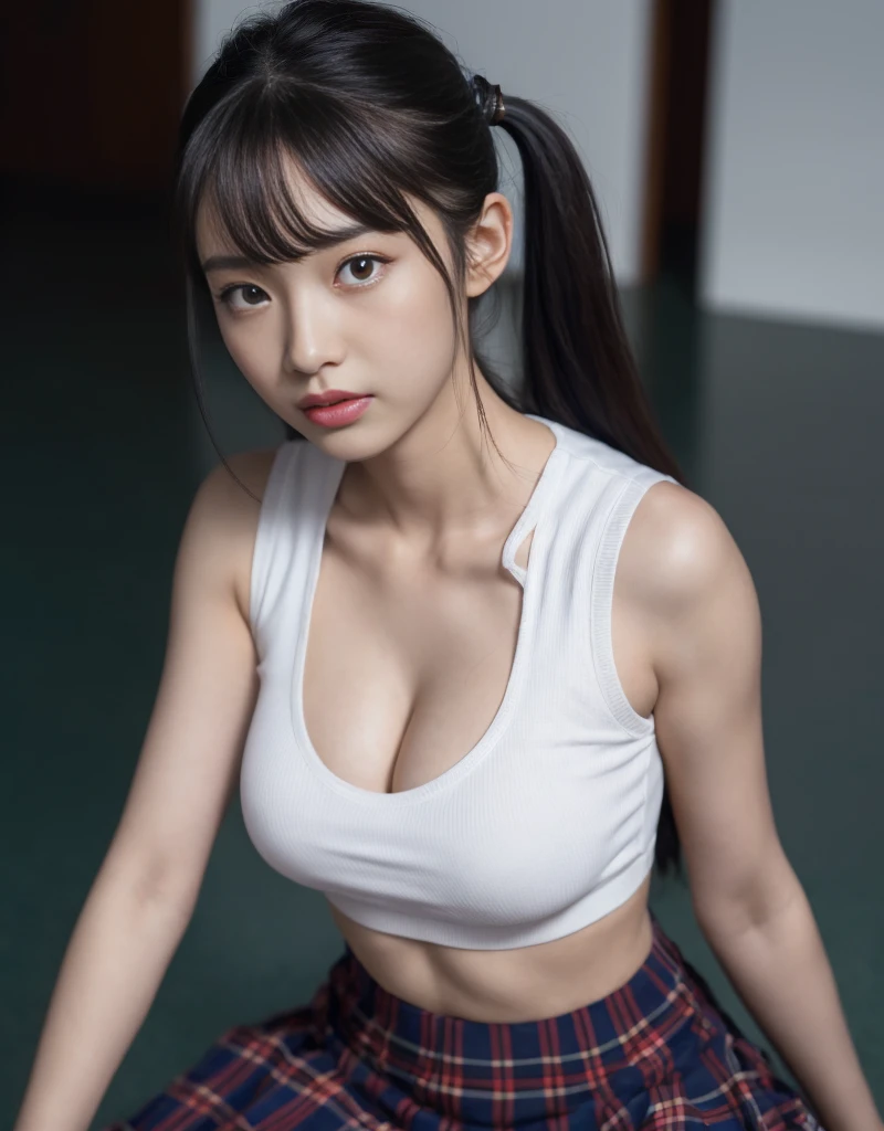 tmasterpiece，best qualtiy，（realisticlying，realisticlying：1.4），（RAW photos：1.2），Very detailed CG unity 8K wallpaper，Very fine and beautiful，Amazing Cleavage，finely detailled，offcial art，absurderes，unbelievable Ridiculous，hugefilesize, ultra - detailed, The is very detailed, Nice detailed girl, very detailed eyes and faces, Beautiful detailed eyes, There is light on the face, 1girll, Long hair, ((pony tails)), 独奏, Cute, view the viewer, (perfect women figure) , Big breasts Thin waist, full bodyesbian, standing on your feet, Uniforms, Black stockings，Superskirt, Superskirt, Plaid skirts, navel, Crop topping, Sleeveless shirt, Bare arms, By bangs, schools, ‎Classroom, ulzang-6500-v1.1