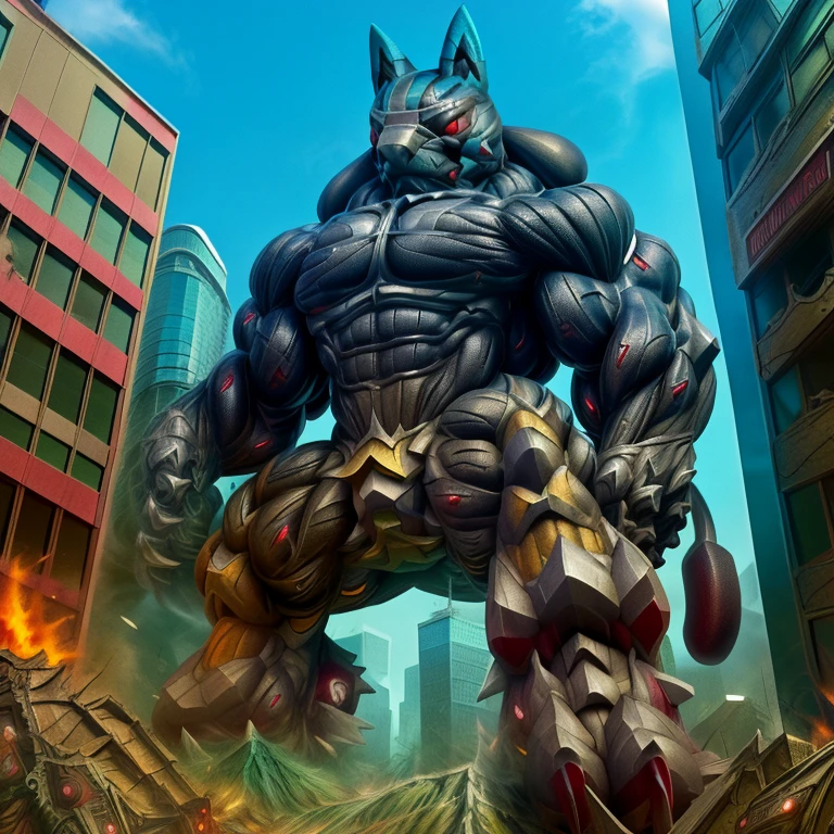 (masterpiece. official art. 8k. best quality. detailed full body. full body.)

(situation 1 : dominating mega lucario. focus GIANT mechanical Muscular mega lucario is trampling the CITY. macro. stomp. Low-angle perspective. emphasizing the immense size. The perspective is from below, emphasizing the sheer majesty and power of the Giant. giant art. He is much bigger than a skyscraper. Giga Giants. micro soccer field. looking down.)

(situation 2 :smoke and flames rising from the destruction in the city)

(Additional details 1: wearing a full-face helmet. high-tech bio-mecha armor. real texture material. whole body shines like metal. Wearing cyberpunk mecha. emphasizes the muscles. suit fully made of metal. intricate armor. Robotic suit. suit fully made of metal. cyborg. Powered exoskeleton with the same design as mega lucario).

(Additional details 2: (Detailed head. Detailed Body. Detailed abs. gigantic muscles. HYPER MUSCLES. Gigachad Muscular. big muscle. pecs. triceps. traps. unusually developed muscular body. body full of huge muscles. showing off muscles. pectorales enormes. Exaggeratedly huge muscles. huge muscles. long legs.).

(Additional details 3: nj5furry, Spread wings. It has wings. White have big wings. The claws are sharp. Sharp teeth.5 toes.).