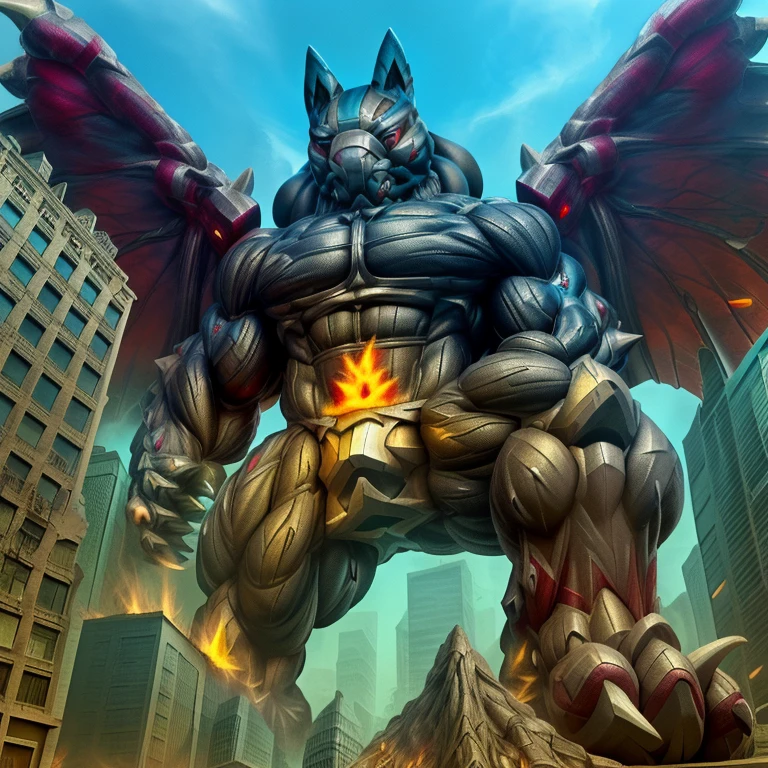 (masterpiece. official art. 8k. best quality. detailed full body. full body.)

(situation 1 : dominating mega lucario. focus GIANT mechanical Muscular mega lucario is trampling the CITY. macro. stomp. Low-angle perspective. emphasizing the immense size. The perspective is from below, emphasizing the sheer majesty and power of the Giant. giant art. He is much bigger than a skyscraper. Giga Giants. micro soccer field. looking down.)

(situation 2 :smoke and flames rising from the destruction in the city)

(Additional details 1: wearing a full-face helmet. high-tech bio-mecha armor. real texture material. whole body shines like metal. Wearing cyberpunk mecha. emphasizes the muscles. suit fully made of metal. intricate armor. Robotic suit. suit fully made of metal. cyborg. Powered exoskeleton with the same design as mega lucario).

(Additional details 2: (Detailed head. Detailed Body. Detailed abs. gigantic muscles. HYPER MUSCLES. Gigachad Muscular. big muscle. pecs. triceps. traps. unusually developed muscular body. body full of huge muscles. showing off muscles. pectorales enormes. Exaggeratedly huge muscles. huge muscles. long legs.).

(Additional details 3: nj5furry, Spread wings. It has wings. White have big wings. The claws are sharp. Sharp teeth.5 toes.).