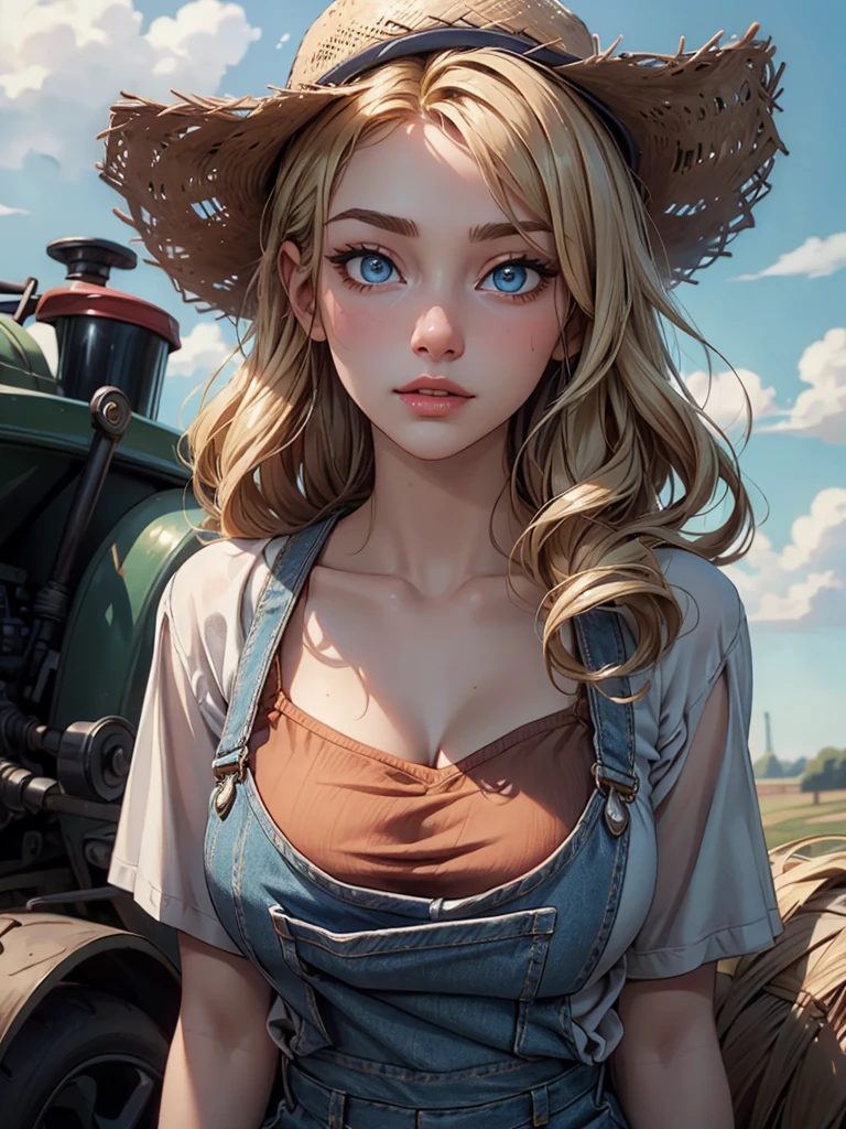 (an oil painting)、cowboy shot、realisitic、top-quality、masterpiece、realisitic、(Farm theme:0.9)、shinny eyes、Woman in overalls、white t-shirts、a straw fedora hat、gorgeous woman、a blond、hair wavy、de pele branca、cleavage of the breast、Blue eyeorning glow、Seductive look、Happiness、farm background、(nffsw:1.1)、Atmospheric perspective、. sultry look, seductive,