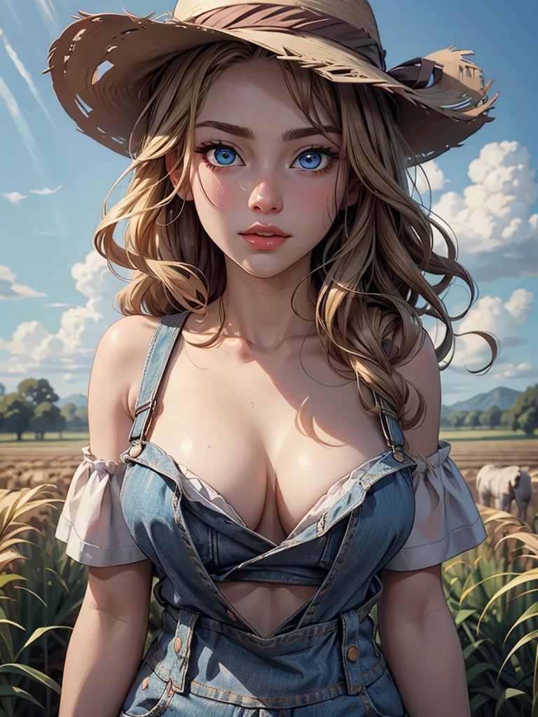 (an oil painting)、cowboy shot、realisitic、top-quality、masterpiece、realisitic、(Farm theme:0.9)、shinny eyes、Woman in overalls、white t-shirts、a straw fedora hat、gorgeous woman、a blond、hair wavy、de pele branca、cleavage of the breast、Blue eyeorning glow、Seductive look、Happiness、farm background、(nffsw:1.1)、Atmospheric perspective、. sultry look, seductive,