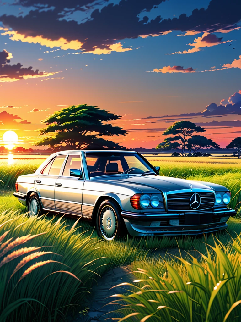 anime landscape of A pearl silver classic Mercedes Benz AMG sits in a field of tall grass with a sunset in the background.beautiful anime scene, beautiful anime peace scene, Makoto Shinkai Cyril Rolando, beautiful anime scene, amazing wallpaper, anime art wallpaper 8k, anime background, artistic anime background, anime wallpaper 4k, anime art 4k wallpaper, anime wallpaper art 4k,