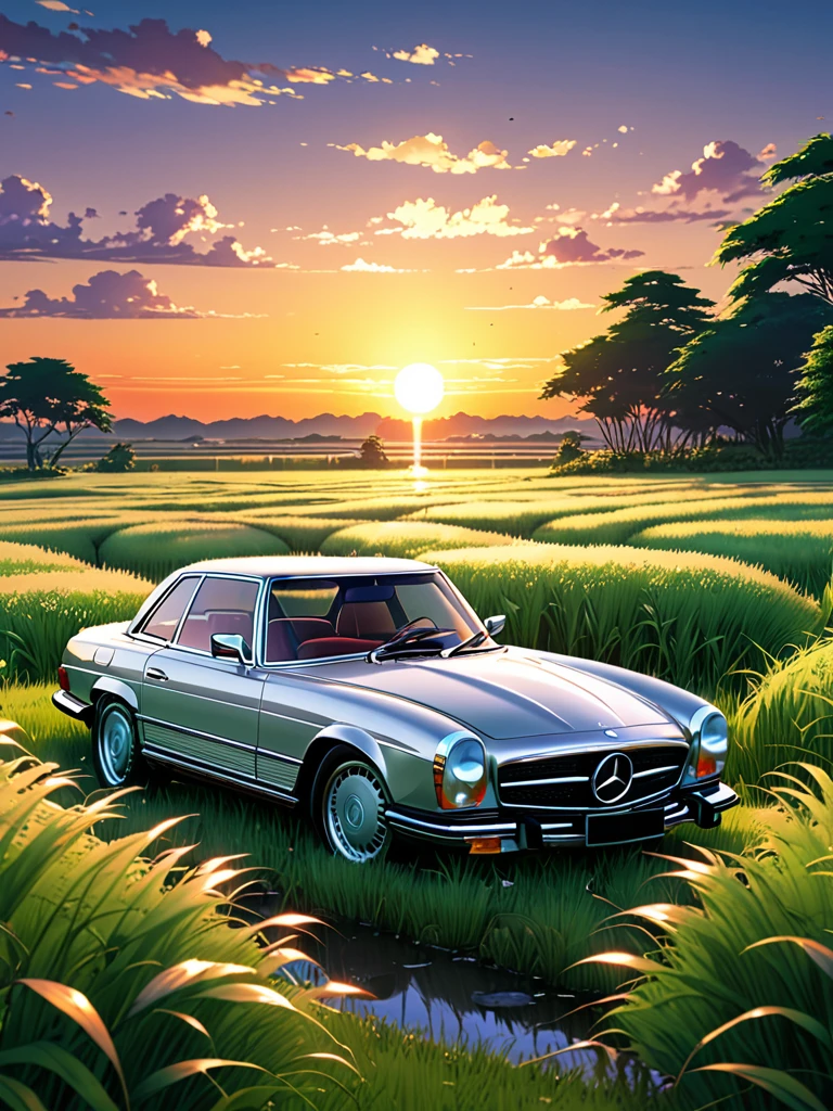anime landscape of A pearl silver classic Mercedes Benz AMG sits in a field of tall grass with a sunset in the background.beautiful anime scene, beautiful anime peace scene, Makoto Shinkai Cyril Rolando, beautiful anime scene, amazing wallpaper, anime art wallpaper 8k, anime background, artistic anime background, anime wallpaper 4k, anime art 4k wallpaper, anime wallpaper art 4k,