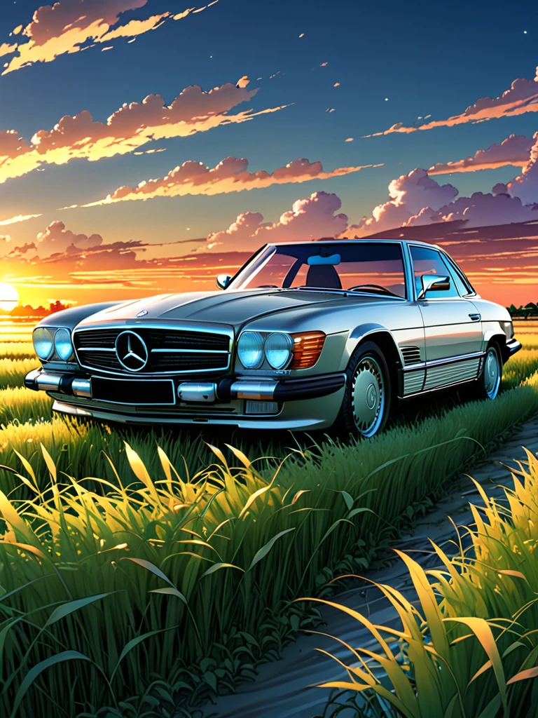 anime landscape of A pearl silver classic Mercedes Benz AMG sits in a field of tall grass with a sunset in the background.beautiful anime scene, beautiful anime peace scene, Makoto Shinkai Cyril Rolando, beautiful anime scene, amazing wallpaper, anime art wallpaper 8k, anime background, artistic anime background, anime wallpaper 4k, anime art 4k wallpaper, anime wallpaper art 4k,