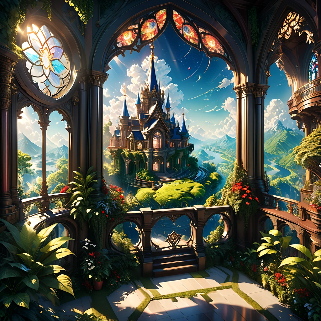 a magnificent floating royal castle in the sky, a huge astronomical telescope on the balcony, ornate architecture, highly detailed, intricate carvings and decorations, glowing crystals, sunlight streaming through stained glass windows, overflowing gardens, lush greenery, (best quality,4k,8k,highres,masterpiece:1.2),ultra-detailed,(realistic,photorealistic,photo-realistic:1.37),detailed lighting, dramatic shadows, vibrant colors, fantasy, digital art, concept art