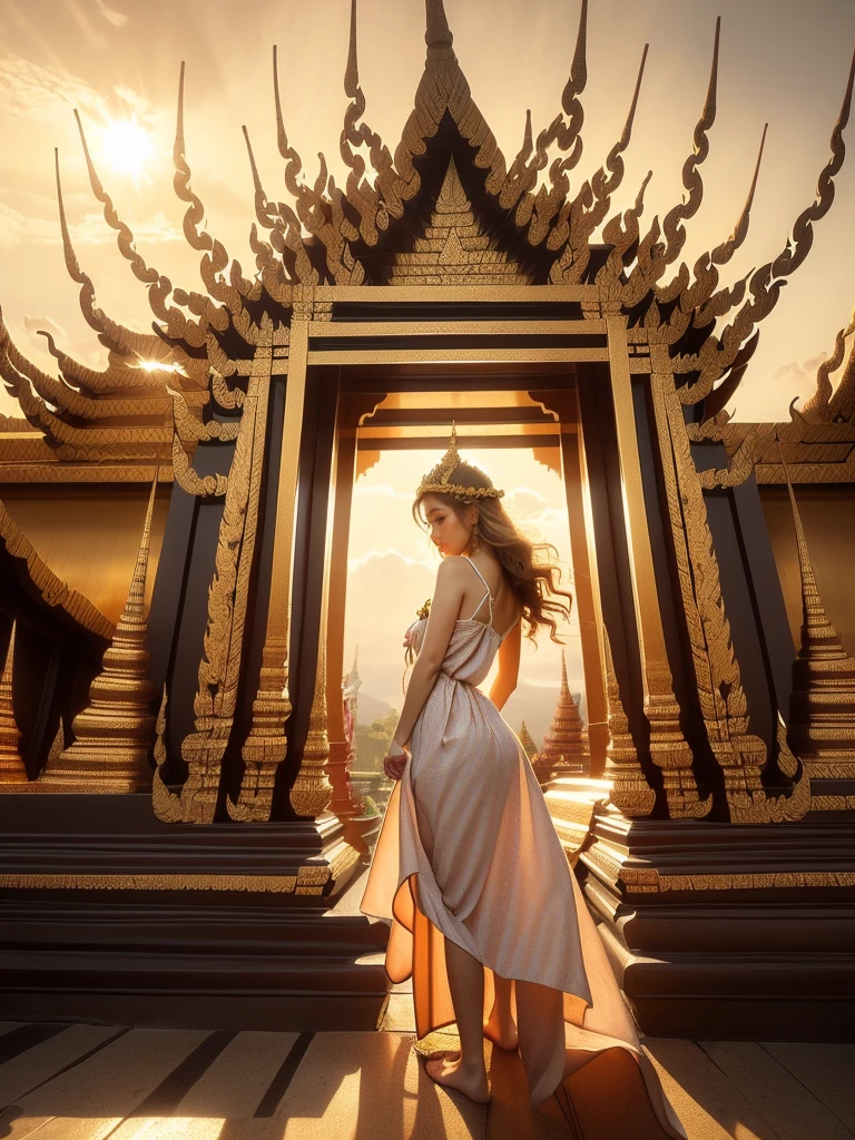 A woman with sun-kissed skin and blonde hair with beach waves is exploring a Thai temple in a full body shot from a low angle. She is wearing a colorful, flowy sundress that accentuates her figure and allows for movement. The background is an ornate Thai temple with golden spires and intricate details in high detail and perfect anatomy. It's late afternoon with a warm, golden light mood and tone, and the lighting is soft and ethereal, (excited pose: 1.2), (flowy sundress: 1.9), (perfect anatomy: 1.5), (late afternoon: 1.5), (warm golden light mood and tone: 1.5), (soft ethereal lighting: 1.6), (Thai temple architecture: 1.8), (travel in Thailand: 1.7).