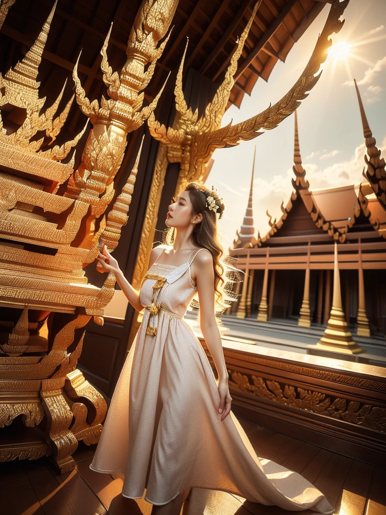 A woman with sun-kissed skin and blonde hair with beach waves is exploring a Thai temple in a full body shot from a low angle. She is wearing a colorful, flowy sundress that accentuates her figure and allows for movement. The background is an ornate Thai temple with golden spires and intricate details in high detail and perfect anatomy. It's late afternoon with a warm, golden light mood and tone, and the lighting is soft and ethereal, (excited pose: 1.2), (flowy sundress: 1.9), (perfect anatomy: 1.5), (late afternoon: 1.5), (warm golden light mood and tone: 1.5), (soft ethereal lighting: 1.6), (Thai temple architecture: 1.8), (travel in Thailand: 1.7).