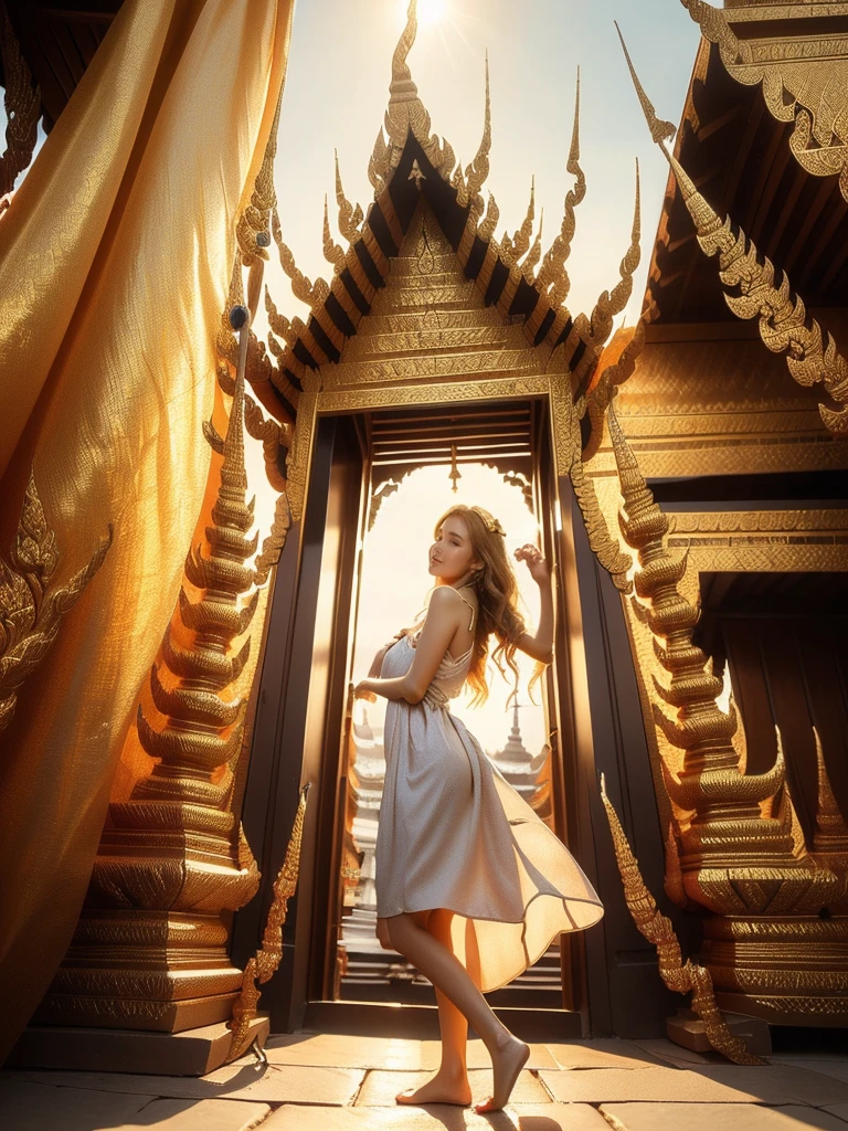 A woman with sun-kissed skin and blonde hair with beach waves is exploring a Thai temple in a full body shot from a low angle. She is wearing a colorful, flowy sundress that accentuates her figure and allows for movement. The background is an ornate Thai temple with golden spires and intricate details in high detail and perfect anatomy. It's late afternoon with a warm, golden light mood and tone, and the lighting is soft and ethereal, (excited pose: 1.2), (flowy sundress: 1.9), (perfect anatomy: 1.5), (late afternoon: 1.5), (warm golden light mood and tone: 1.5), (soft ethereal lighting: 1.6), (Thai temple architecture: 1.8), (travel in Thailand: 1.7).