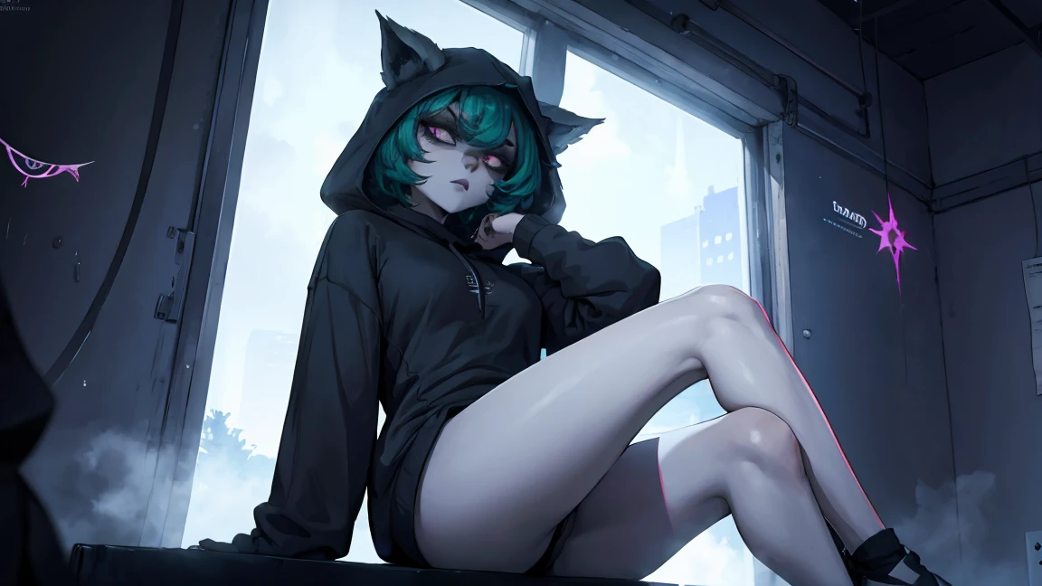 girl, large black sweatshirt, sitting posture, calm look, Sitting in front, legs open, a dark room, evil eyes, glowing skin, Looking ahead, facial expression