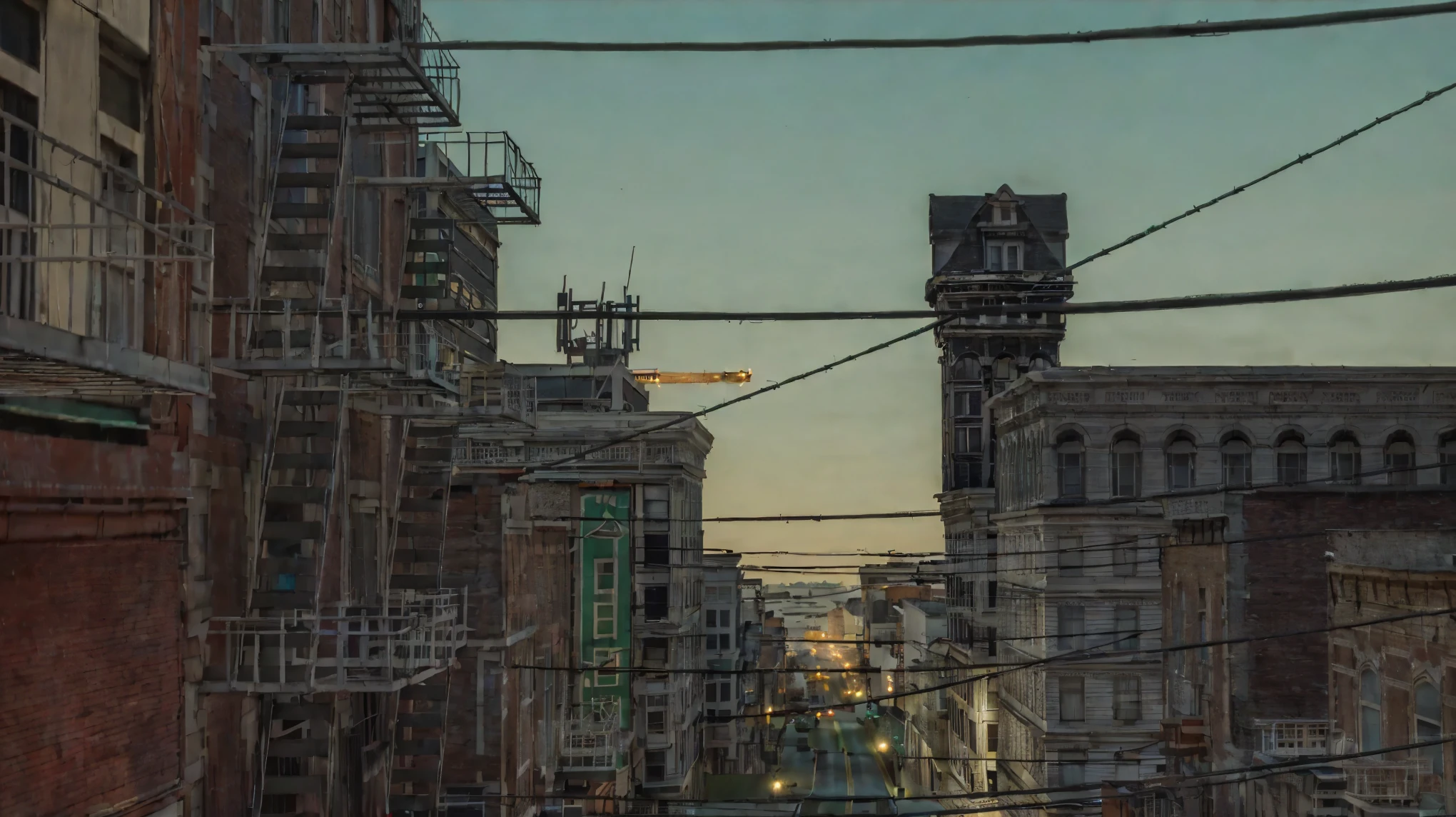 city street, electricity wires stretch from house to house, balconies with fire escapes, American State, USA, San Francisco, a construction crane can be seen in the distance from behind the house, in the center there is an empty road between the houses, there are road lights on the sides of the road, on the house on the left there is a green sign with hieroglyphs, on the right is a tall building resembling a tower