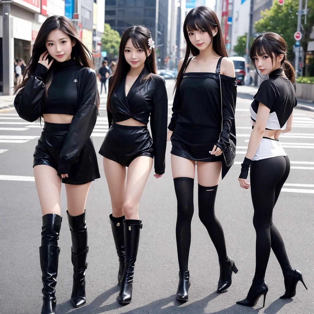 Three cute, beautiful Japanese girls are wearing sexy black outfits. The camera angle is a full shot, so the characters' whole bodies are included. The characters are walking forward facing the camera.