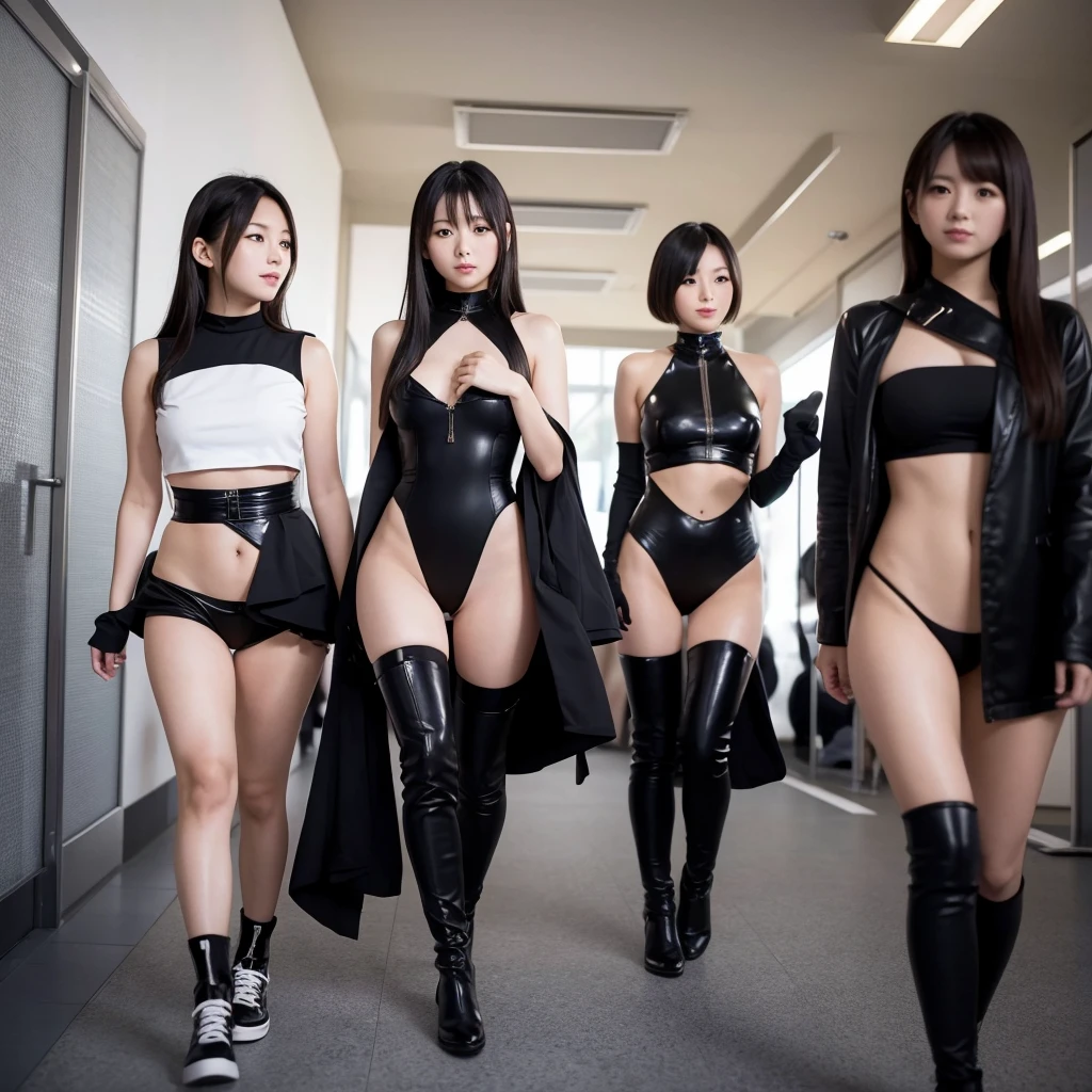 Three cute, beautiful Japanese girls are wearing y black outfits. The camera angle is a full shot, so the characters' whole bodies are included. The characters are walking forward facing the camera.