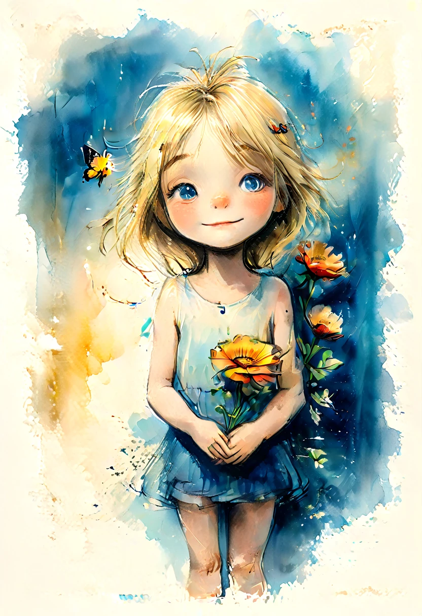 vintage watercolor drawing, a little blonde girl holding a large vibrant flower to her chest. ao redor, there are smaller flowers and butterflies, some appearing to be in motion. The background has a soft watercolor texture with shades of blue and yellow., giving the image an ethereal, dreamlike quality. This image may be interesting or relevant because of its artistic style and use of color and light to evoke a sense of tranquility and natural beauty