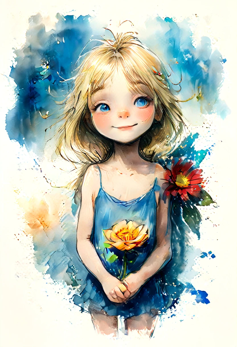 vintage watercolor drawing, a little blonde girl holding a large vibrant flower to her chest. ao redor, there are smaller flowers and butterflies, some appearing to be in motion. The background has a soft watercolor texture with shades of blue and yellow., giving the image an ethereal, dreamlike quality. This image may be interesting or relevant because of its artistic style and use of color and light to evoke a sense of tranquility and natural beauty
