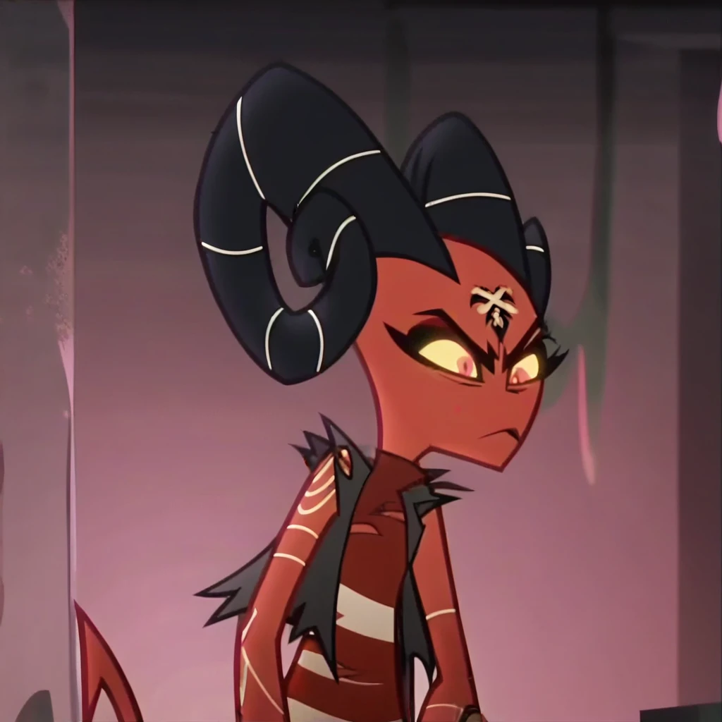 barbie wire, 1girl, demon girl, red skin, forehead tattoo, arm tattoos, horns, striped dress, leather jacket, (screencap:1.5), front facing view, closed mouth, extreme closeup