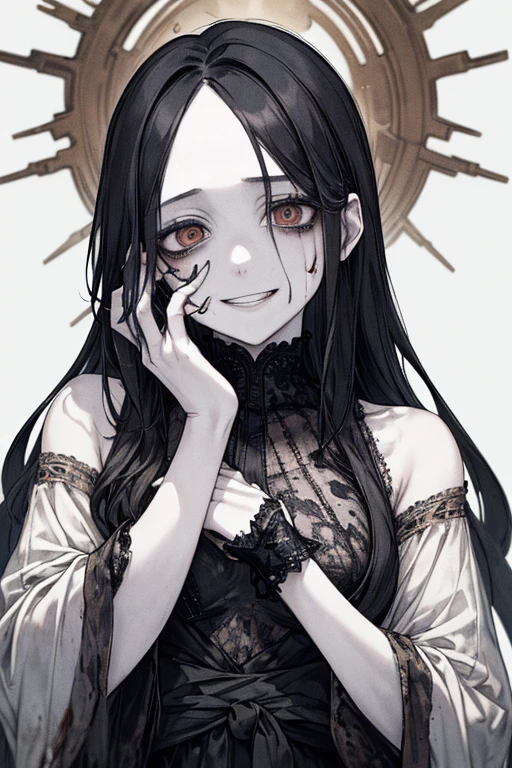 (masterpiece:1.2, Highest quality), (Actual Photos, Intricate details), (1 female, alone, Upper Body, Small breasts) ,Eyes Wide Open、Scary atmosphere、Distorted facial expressions、Twisted Smile、Blood from the head、Blood splatter、whole body、Punk Fashion、Long Hair、Long bangs、Black Hair、(((Dark circles under the eyes)))、Pale skin、Feeling unwell、Pathological、Wicked Smile、Crazy Eyes、(Grin)Dramatic makeup,Create mixed media art、White Background
