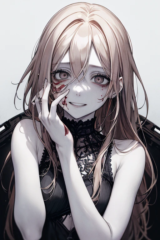 (masterpiece:1.2, Highest quality), (Actual Photos, Intricate details), (1 female, alone, Upper Body, Small breasts) ,Eyes Wide Open、Scary atmosphere、Distorted facial expressions、Twisted Smile、Blood from the head、Blood splatter、whole body、Punk Fashion、Long Hair、Long bangs、Black Hair、(((Dark circles under the eyes)))、Pale skin、Feeling unwell、Pathological、Wicked Smile、Crazy Eyes、(Grin)Dramatic makeup,Create mixed media art、White Background
