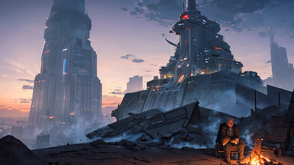 A futuristic setting with wind turbines around An old man sitting around a campfire giving a bunch of kids a story on a hill top with a dark abandoned city with skyscrapers with no lights in the background behind a mountain, at daybreak, sun shining past mountain