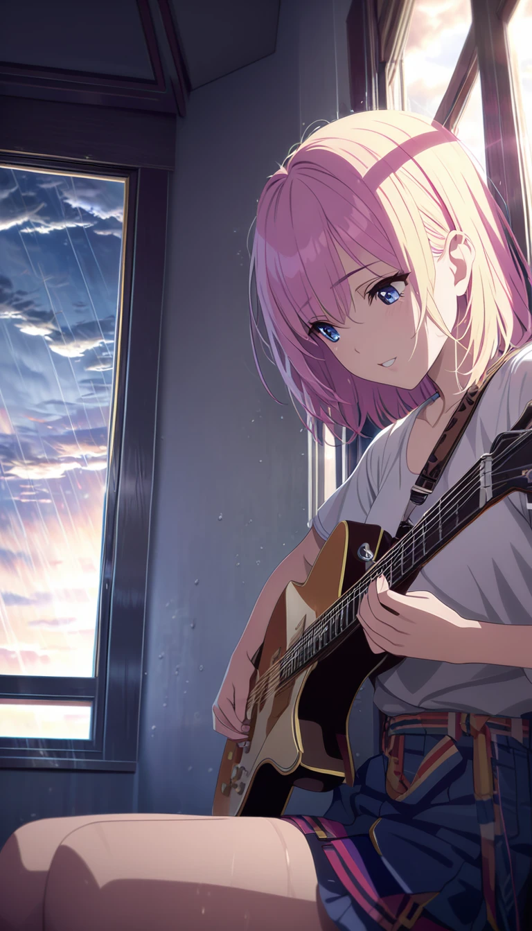 woman playing guitar, sitting at the window, her room has a window pointing outside and the sky is cloudy while it's raining, detailed face and body, beautiful eyes, realistic, vivid colors, dramatic lighting, cinematic composition, photorealistic, 8k, high quality, masterpiece