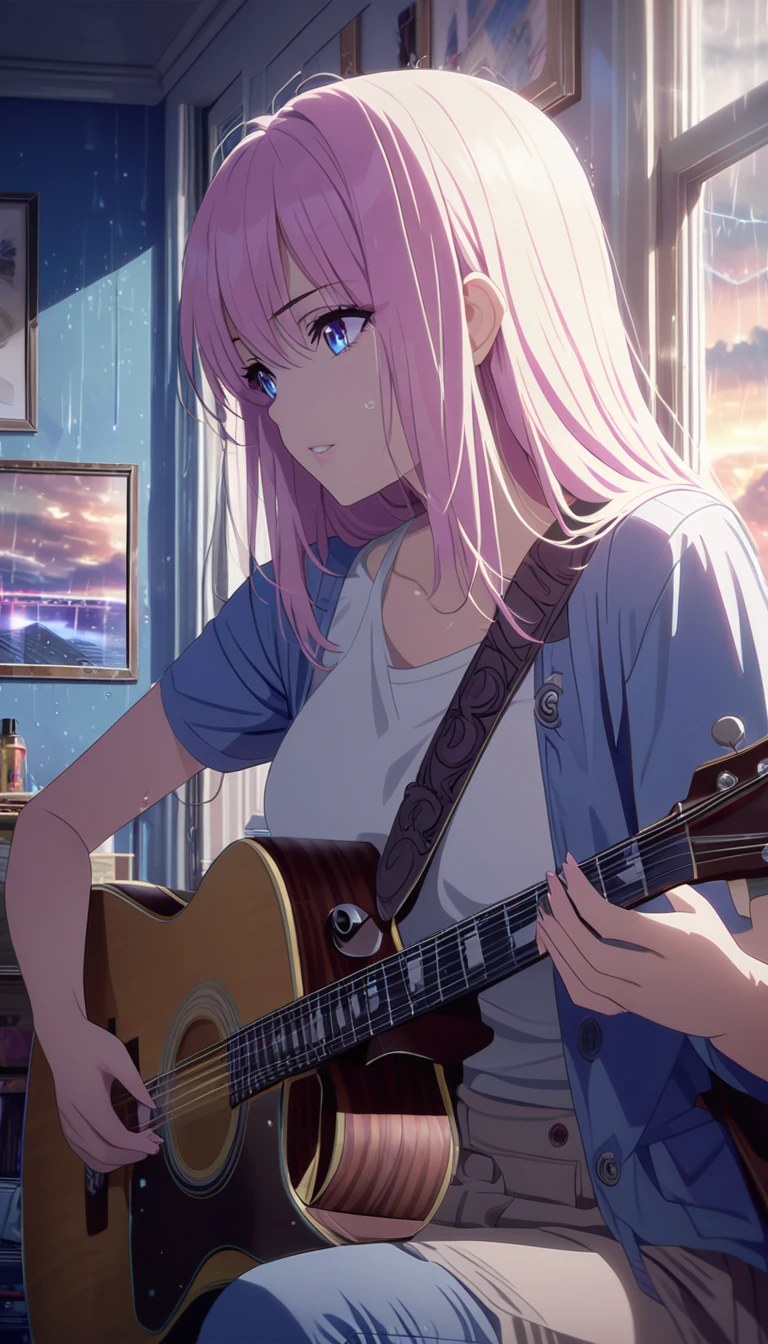 woman playing guitar, sitting at the window, her room has a window pointing outside and the sky is cloudy while it's raining, detailed face and body, beautiful eyes, realistic, vivid colors, dramatic lighting, cinematic composition, photorealistic, 8k, high quality, masterpiece