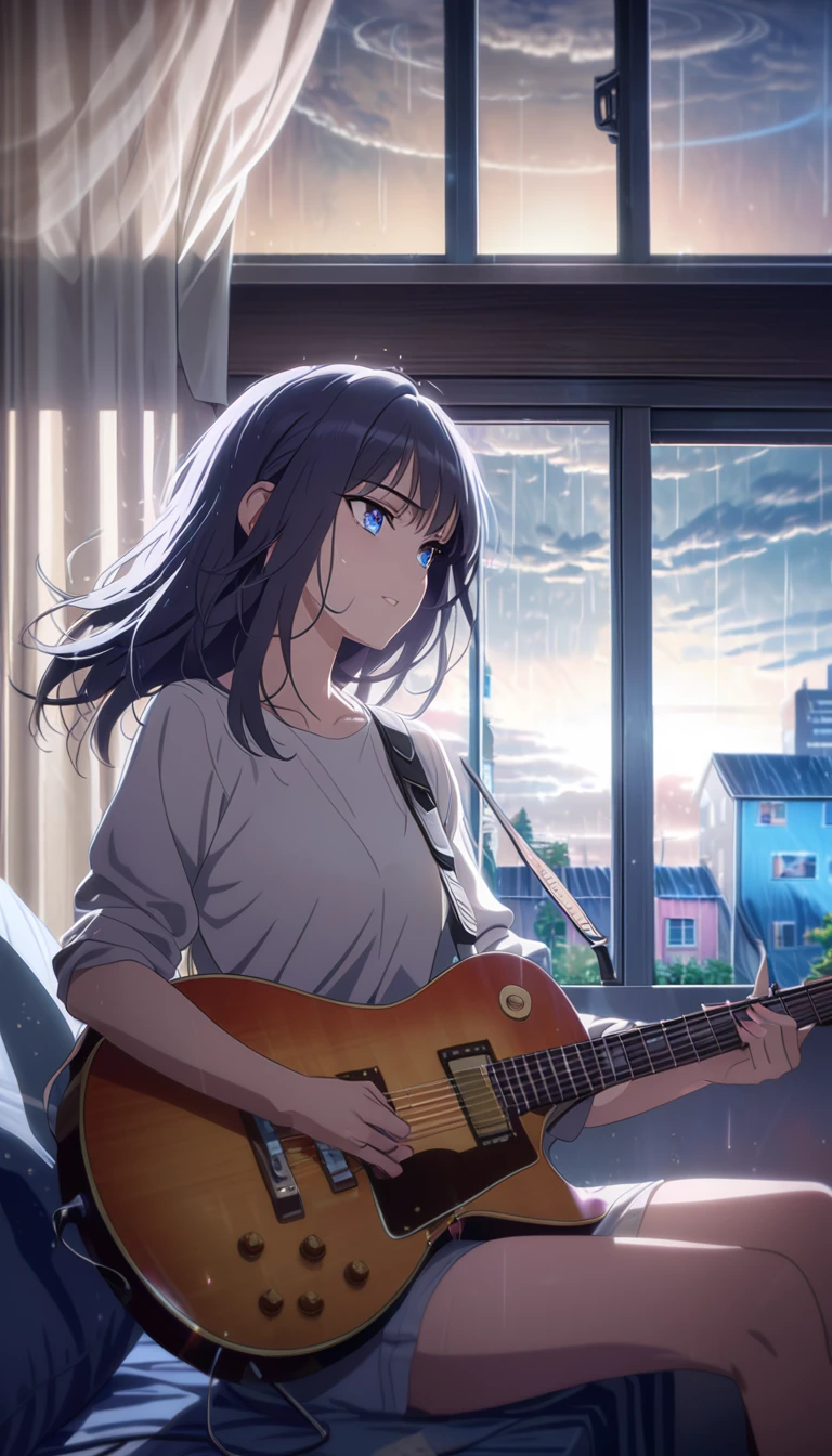 woman playing guitar, sitting at the window, her room has a window pointing outside and the sky is cloudy while it's raining, detailed face and body, beautiful eyes, realistic, vivid colors, dramatic lighting, cinematic composition, photorealistic, 8k, high quality, masterpiece