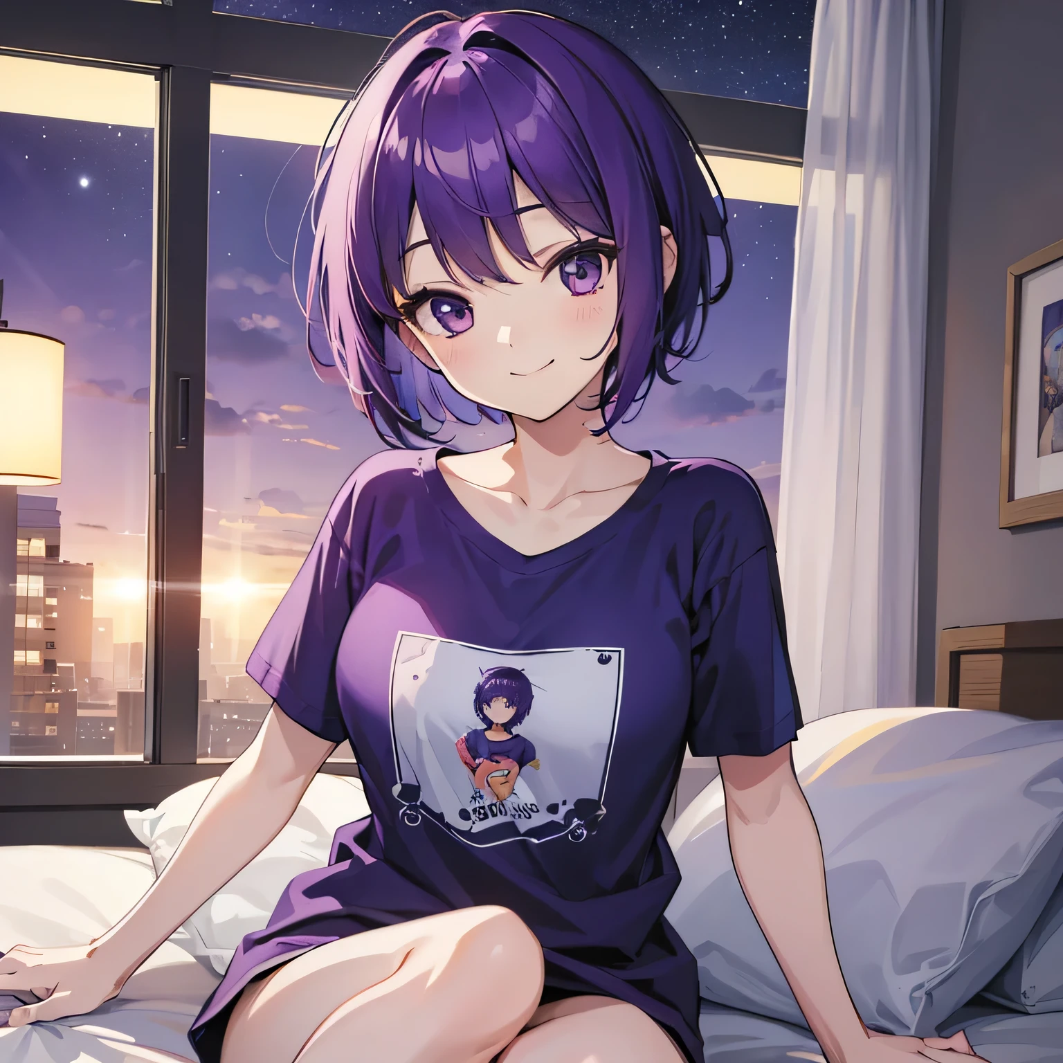 (T Masterpiece,4k wallpaper,Best Quality))、((girl1people))、(solo)、Bright and Brilliant,(Purple Hair)、(short hair:1.3)、smile、Bedroom、T-Shirts、night