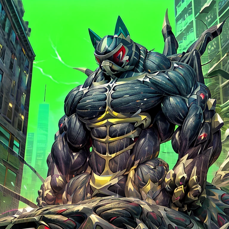 mega_lucario, (gigantic muscles), 8K, Masterpiece, highres, future fiction. Detailed head, Detailed Body, full body, Detailed abs, wearing crNanosuit, big muscle (pecs, triceps, traps) unusually developed muscular body, body full of huge muscles. showing off muscles, pectorales enormes. Exaggeratedly huge muscles. Gigachad Muscular, gigantic muscles, Colossal giant NANOSUIT over a battlefield, 
The claws are sharp,
Sharp teeth,
Spread wings, have big wings.
nj5furry, Animal paws, thunderstorm, rainy weather, lightning, City background, skyscraper, futuristic city, night, stars, night lights, Greninja, super hero, hero, bodysuit, massive muscles, huge pecs, chiseled abs, huge pectorals, exaggeratedly huge muscles. a furry hero whose presence inspires trust and respect. Wearing full plate armor, Its full plate armor emphasizes the muscles.