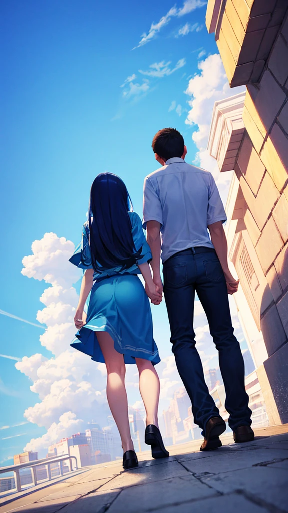 Emotional blue sky Back view of a man and woman holding hands Casual clothing An illustration