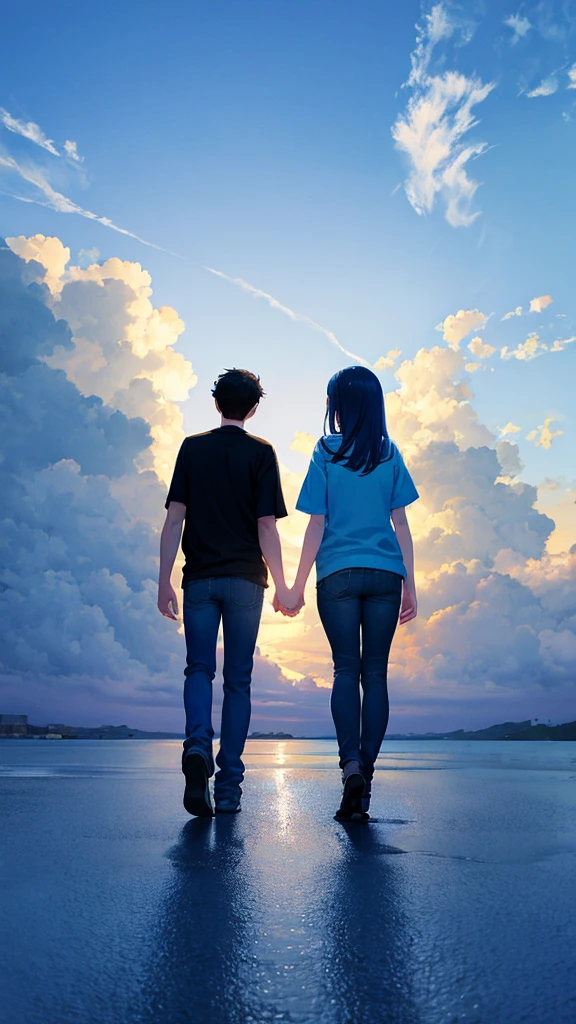 Emotional blue sky Back view of a man and woman holding hands Casual clothing An illustration